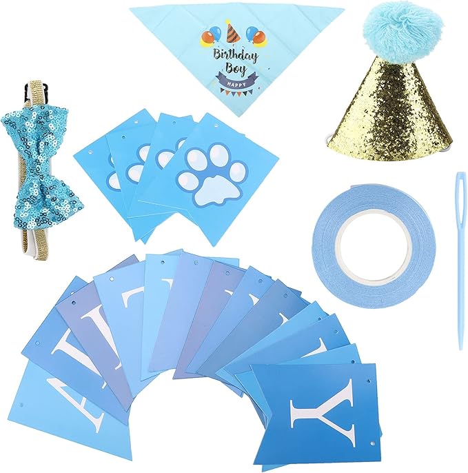 Dog Birthday Party Supplies Set with Hat Scarf Bow Tie, Reusable Pet Birthday Decorations for Small to Medium Dogs, Includes Streamers Ribbon and Pin for Photo Shoots
