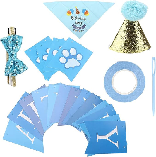 Dog Birthday Party Supplies Set with Hat Scarf Bow Tie, Reusable Pet Birthday Decorations for Small to Medium Dogs, Includes Streamers Ribbon and Pin for Photo Shoots