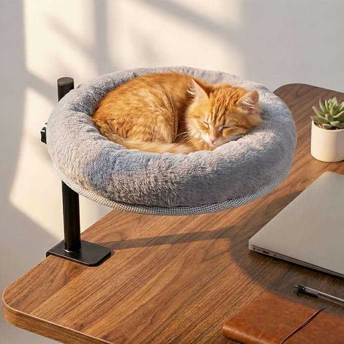 Cat Desk Bed with Clamp – Adjustable Height & 360° Rotation Desk Cat Hammock Perch, Space-Saving Cat Bed with Removable Washable Cushion for Home Office & Remote Work Cat Owners on Small Apartments