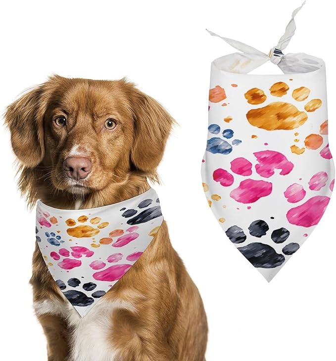 Dog Bandana Spring Pet Scarf Adjustable Triangle Colorful Dog Paws Printing Dog Bib Washable Polyester Puppy Bandana for Small Medium Large Dogs Cat Birthday Party Supplies