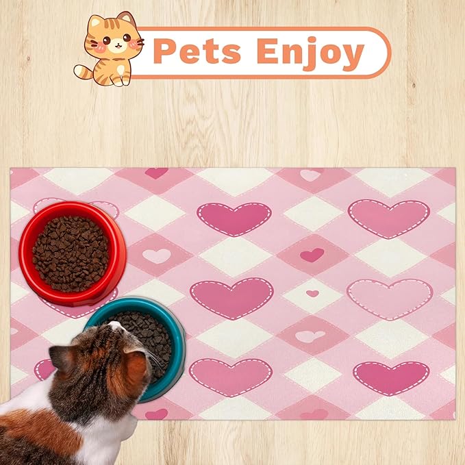 Love Heart Dog Food Mat for Floors Absorbent, Quick Dry Water Dispenser Mat for Food, Water, Pet Supplies 17" x 30", Pink Buffalo Plaid