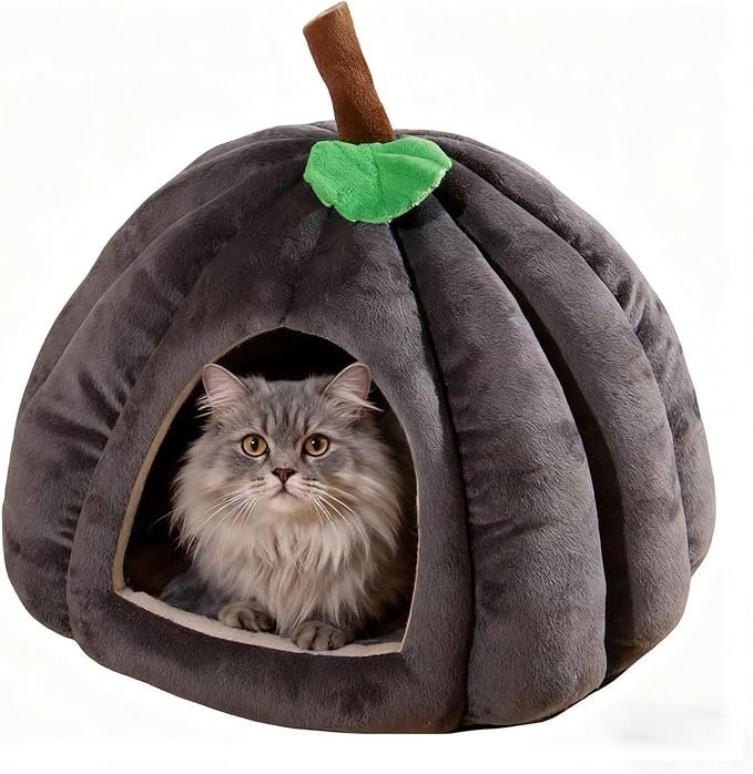 Cat Bed for Indoor Cats - Adorable Cozy Pumpkin Cat Cave with Removable Cushion, Super Soft Pet House Tent for Kittens & Small Pets, Warm & Washable Non-Slip Design(S 15 inch Grey)