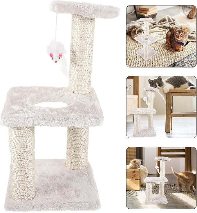 Beaupretty Vertical Cat Scratching Post with Sisal Rope and Mouse 3-Layer Multi-Level Cat Climber and Activity Tree