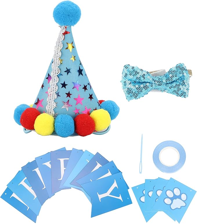 Dog Birthday Hat and Bow Tie Set, Adjustable Soft Pet Party Supplies, Cute Birthday Decorations with Banner for Small Medium Dogs, Washable Polyester Cotton Fabric (Blue)