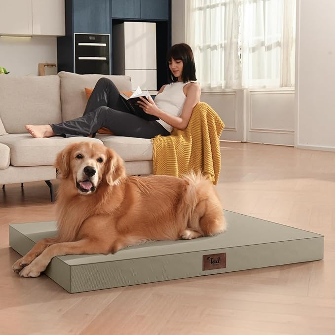 Outdoor Orthopedic Dog Bed for Medium Dogs & Cats, Waterproof Flat Pet Mat with Egg Crate Foam & Washable Removable Oxford Cover, 30x20 Inch, Khaki