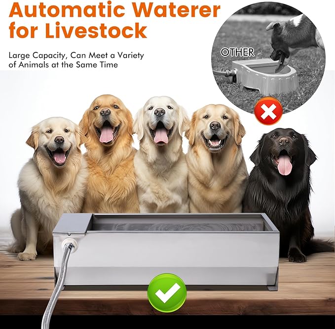 Automatic Large Dog Water Bowl Dispenser Outdoor Stainless Steel Automatic Livestock Water Trough Large Capacity Auto Fill Dog Waterer with Float Valve, for Chicken Geese Duck Goat Pig