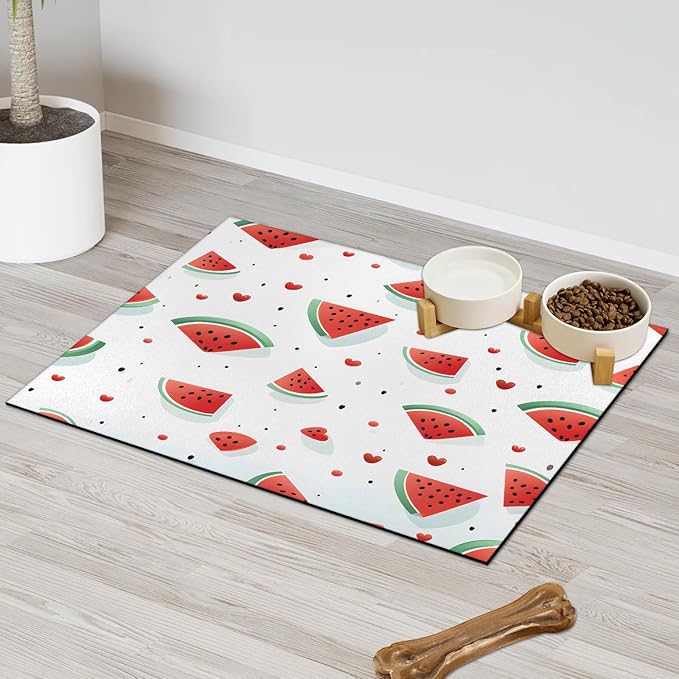Watermelon Dog Food Mat for Floors Absorbent Dog Bowl Mat for Food and Water Dispenser Quick Dry Cat Food Placemat Pet Supplies 24" x 32", Cartoon Fruit