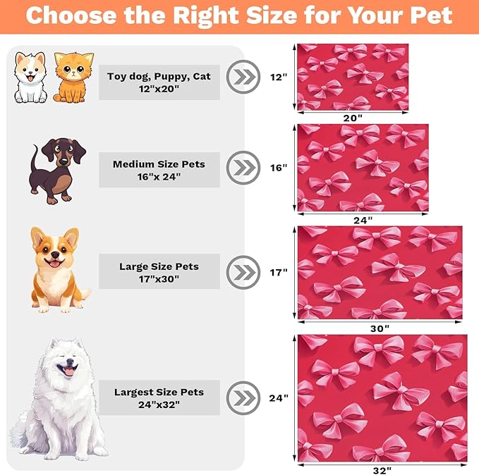 Pink Christmas Bow Dog Food Mat for Floors Absorbent, Quick Dry Water Dispenser Mat for Food, Water, Pet Supplies 16" x 24",
