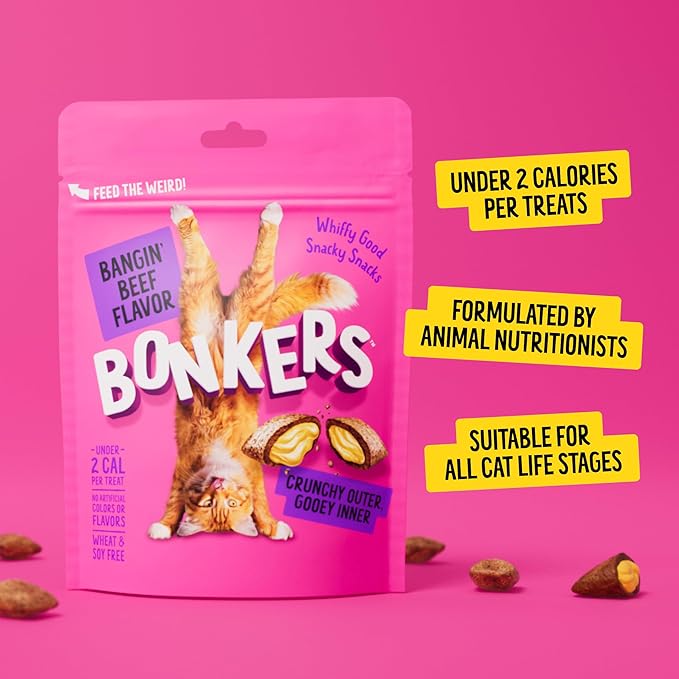 Bonkers Cat Bites, Crunchy & Soft Bangin' Beef Flavor Treats, Low Calorie, Training or Food Topper, 6.3 oz / 180g Resealable Bag for All Breeds and Ages, Value Pack (6 Pack)
