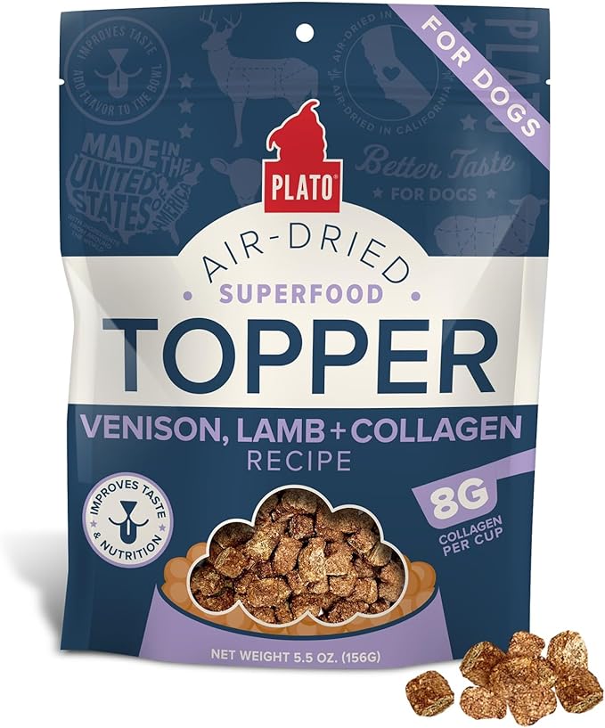 Plato Pet Treats Dog Food Toppers - Air-Dried Dog Food Toppers for Dry Food - with Collagen to Support Skin and Coat Health - Venison, Lamb and Collagen Recipe 5.5oz