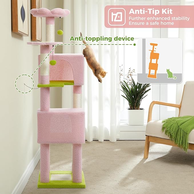 62" Flower Cat Tree for Indoor Cats, Multi-Level Tall Cat Tower with 2 Spacious Condos, Scratching Pad, 4 Cat Scratching Posts, 2 Top Perches, 2 Pompoms, Pink