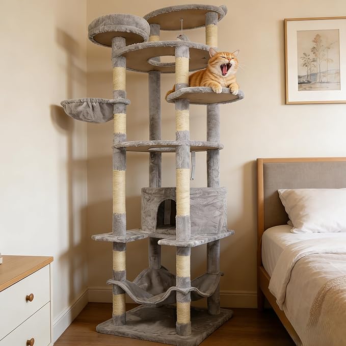 78.8 Inches Cat Tower for Indoor Cats, Cute Cat Tree with Cozy Condo, Platform, Hammock, Sisal Scratch Board and Interactive Toy (Light Gray)