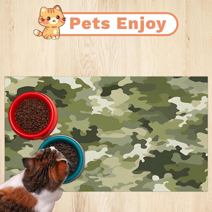 Camo Dog Food Mat for Floors Absorbent Dog Bowl Mat for Food and Water Dispenser Quick Dry Cat Food Placemat Pet Supplies 16" x 24", Camouflage