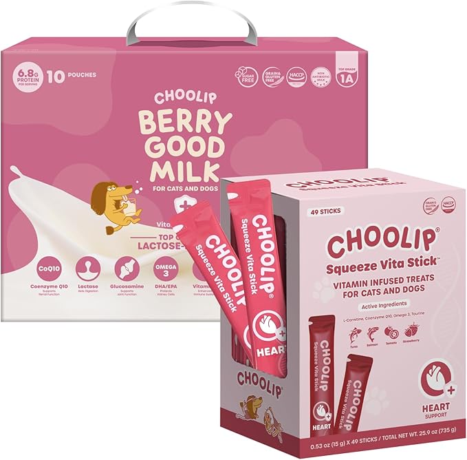 Choolip Bundle | Berry Good Milk 10pk Vitamin-Infused + 49pc Heart Support Squeeze Vita Sticks with Essential multivitamins [Both Products are for Cats & Dogs of All Life Stages]