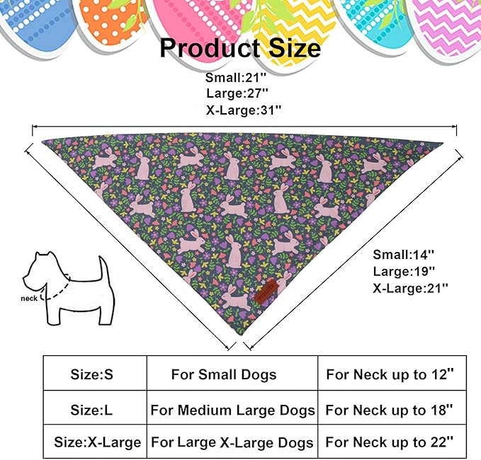 PTDECOR Easter Dog Bandana, Rabbit Floral Dog Scarf, Premium Durable Fabric, Black Easter Bandanas for Medium Large Dogs Pets (Large)
