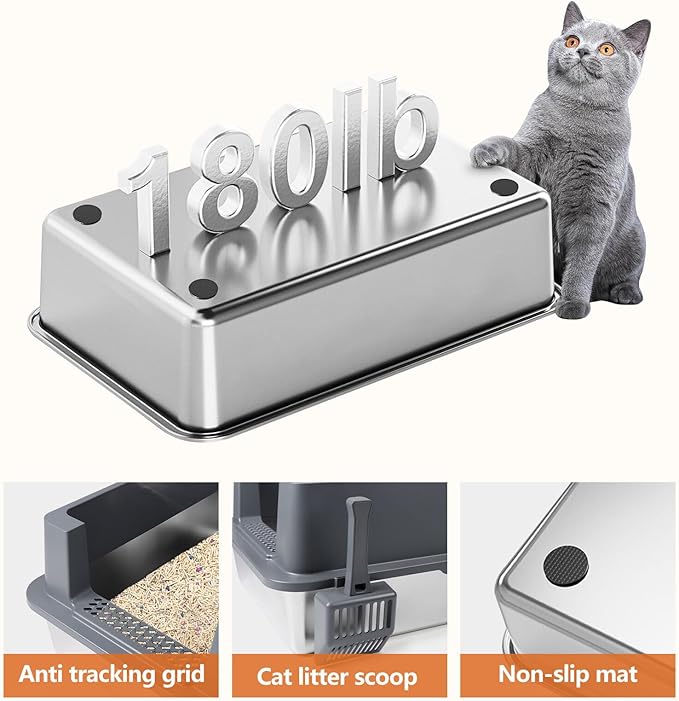 Extra Large Stainless Steel Litter Box, XXXL 27.6" H x 19.7" W x 11.8" H Metal High Sided Cat Litter Box with Scoop, Leak-Proof, Easy Clean for Big Cats/Multiple Cats (Dark Grey)
