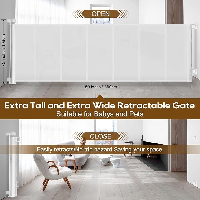 150 inch Retractable Baby Gates 42 inch Tall, Retractable Gate with Reinforced Strip Design to Prevent Crawling Through, 12 FT Extra Wide Retractable Dog Gate for Indoor/Outdoor
