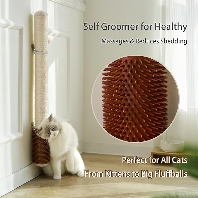 Wall Mounted Cat Scratcher, 34” Extra-Tall Vertical Sisal Scratching Post for Large Cats, Space-Saving Wall Cat Scratcher with Self Grooming Brush & Hanging Ball, Brown