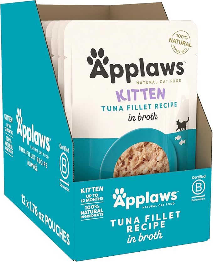 Applaws Natural Wet Kitten Food in Broth, Made with Limited and Natural Ingredients, No Artificial Additives, High Protein, Tuna Fillet in Broth (12 x 1.76oz Pouches)