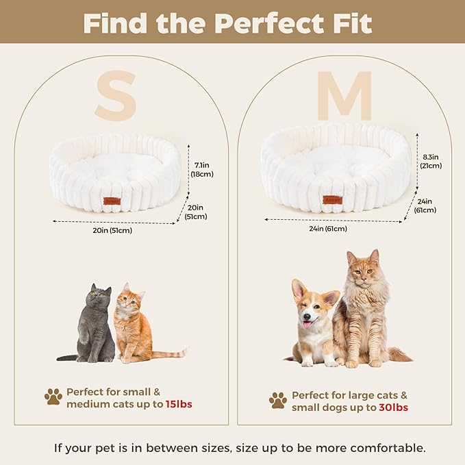 Avont Fluffy Cat Bed for Indoor Cats, Cozy Plush Sleeping Nest for All Sleep Styles, Washable Removable Cushion & Anti-Slip Base, Calming Round Bed for Kittens & Small Dogs – Cream(M)