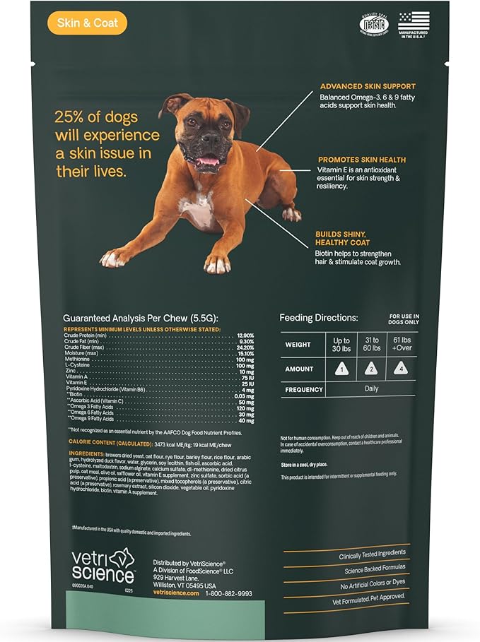 VetriScience Extra Strength Healthy Skin & Coat Chews, Omega Plus Supplement for Dogs, with Balanced Omega 3, 6, 9, Fish Oil and Biotin, Skin Health, Coat Growth and Shine, Duck, 40 Count