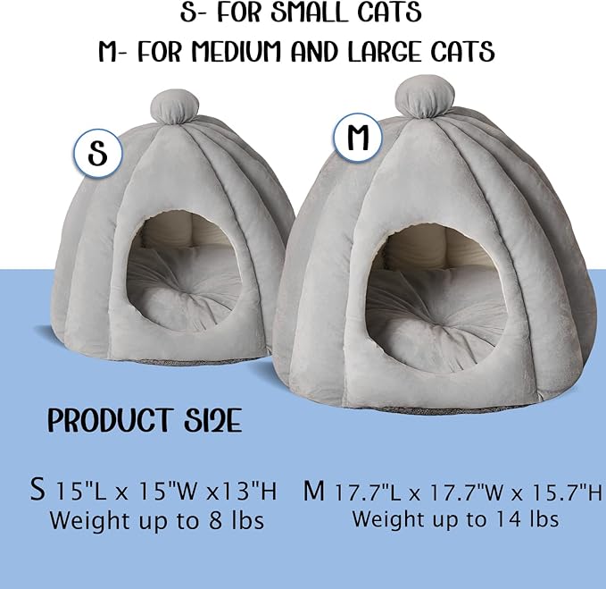 Cat Bed for Indoor Cats - Adorable Cozy Cat Cave with Removable Cushion, Super Soft Pet House Tent for Kittens & Small Pets, Warm & Washable Non-Slip Design(M 17.7 inch, Light Gray)