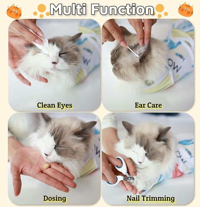 21.7" Cat Wrap for Grooming-Premium Cat Grooming Wrap Cat Restraint for Nail Clipping, Self-Adherent Soft Cat Blanket to Wrap Cat Anti-Scratch Anti-Escape Grooming Bag (White, L(Within 9lbs))