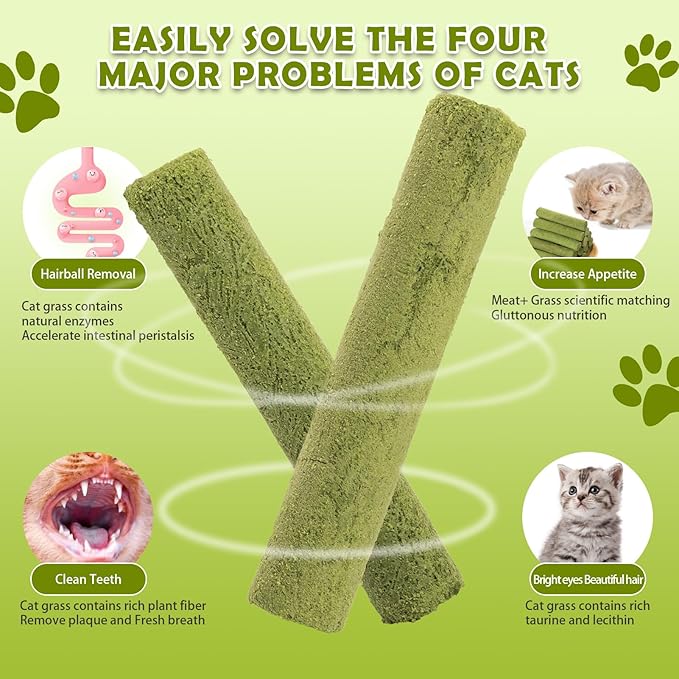 Freeze Dried Cat Grass Dental Sticks – Natural Teething Treats for Teeth Cleaning, Hairball Control & Digestion, Grain-Free Crunchy Snack (80g)