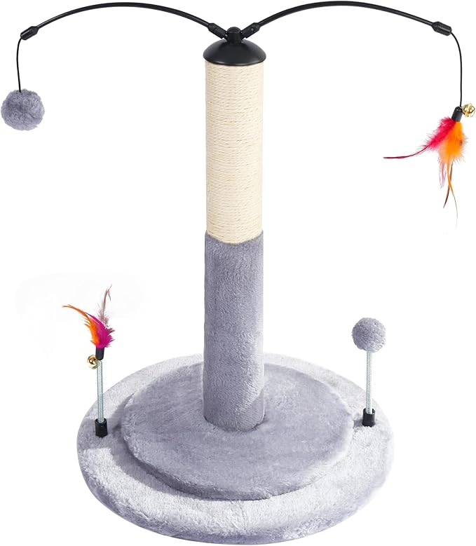 YUNIQUE Cat Scratching Post with Sisal Rope, Small Cat Tree with Dangling Balls & Feather for Kittens (Grey, 20.9‘’)