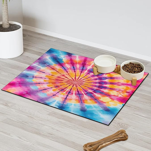 Tie Dye Dog Food Mat for Floors Absorbent, Quick Dry Water Dispenser Mat for Food, Water, Pet Supplies 16" x 24", Boho Colorful