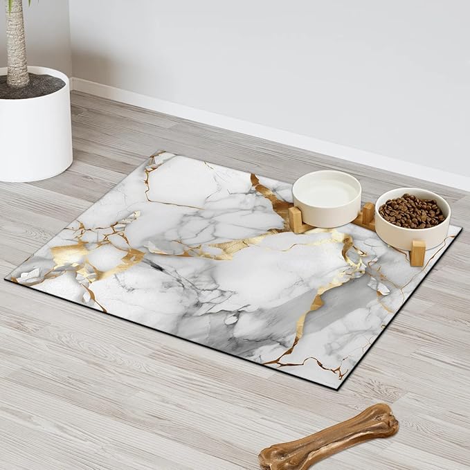 Marble Dog Food Mat for Floors Absorbent, Quick Dry Water Dispenser Mat for Food, Water, Pet Supplies 17" x 30", Grey Gold