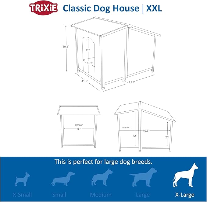 Trixie Natura XXL Classic Dog House - Wooden Outdoor Shelter with Weatherproof Sealer & Adjustable Legs for Larger Dogs - Brown