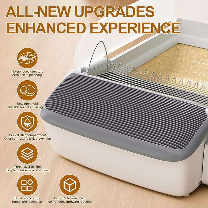 Automatic Cat Litter Box Self-Cleaning for Multiple Cats, Extra Large with App Control/Splash Guard/Safety Anti-Pinching Design/Odor Control Open-top Litter Box with Waste Bag