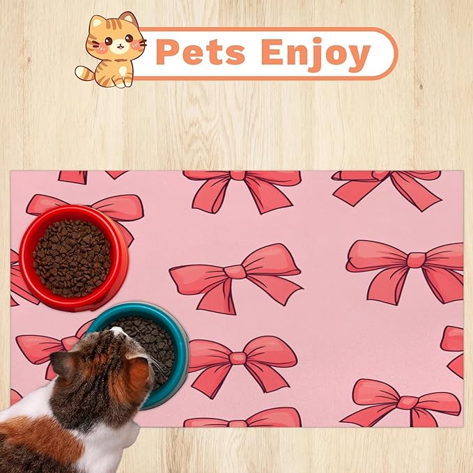 Red Bow Dog Food Mat for Floors Absorbent, Quick Dry Water Dispenser Mat for Food, Water, Pet Supplies 24" x 32", Cute Bowknot