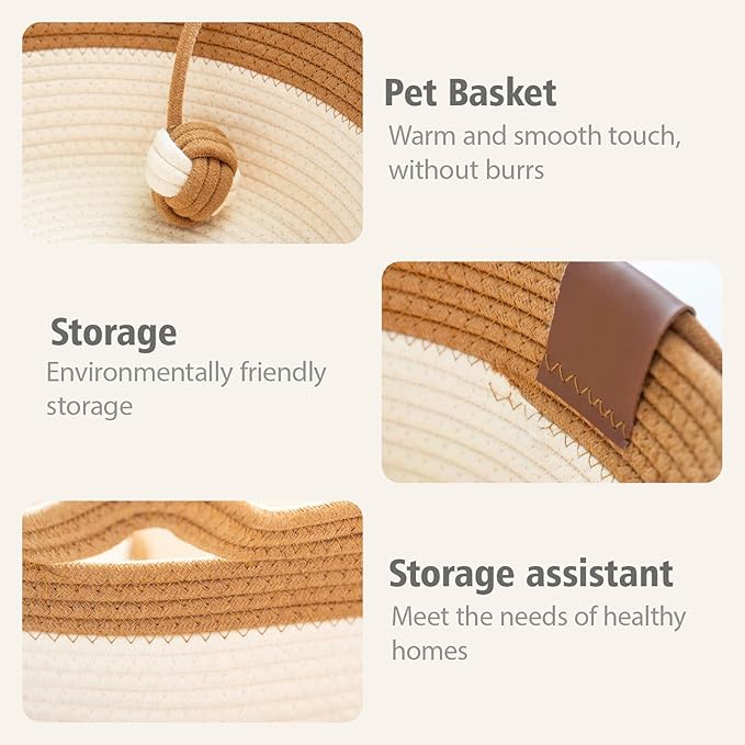 Cotton Rope Handwoven Pet Bed, Round Cat Nest,Pet Sleeping Bed with a Playing Rope Ball, Multifunctional Durable Pet Bed for All Seasons Home Indoor Cats Small Dogs Supplies(Brown & Light Pink ,S)