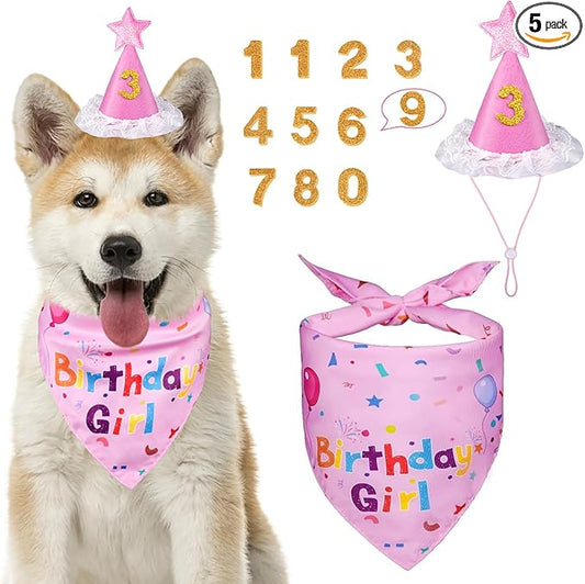 Dog Birthday Bandana Set, Dog Birthday Party Supplies, Puppy Boy Girl Birthday Party Hat with Numbers for X-Small, Small and Meidum Puppy (Pink)