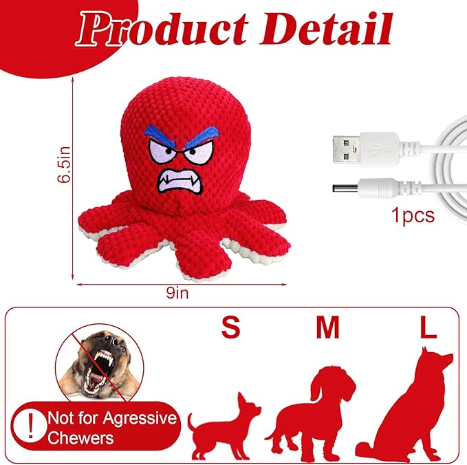 Mity rain Interactive Dog Toys Octopus with Thicken Plush, Moving Dog Toy with Recording Mode Shaking & Singing Mode Bouncing, Funny Ball Jumping to Keep Them Busy & Chase, Rechargeable (No Zipper)