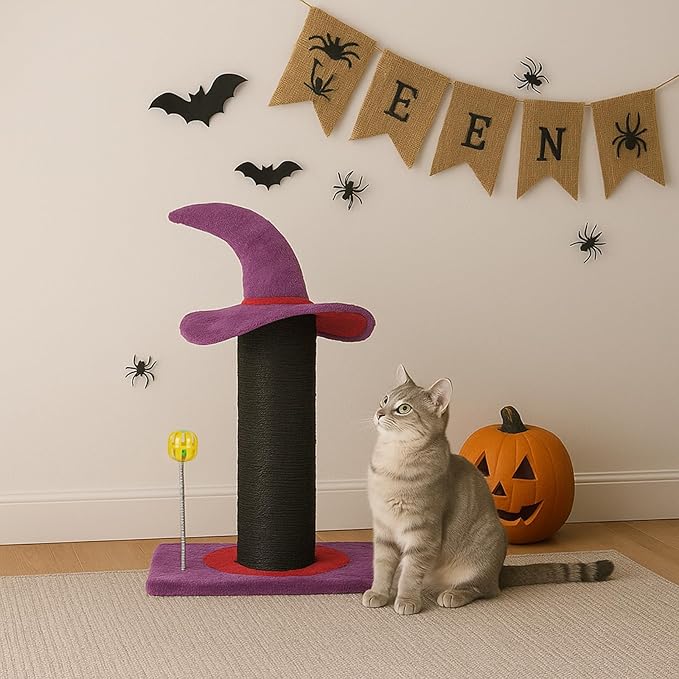 Witch Hat Cat Tree, Halloween Cat Scratching Post with Spring Ball Toy, 24 Inch Purple Cat Tower for Indoor Cats, Sisal-Covered Pet Furniture with Wizard Hat Topper