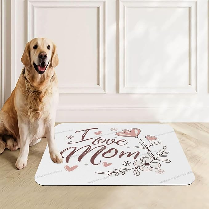 Dog Food Mats for Floors Happy Mother's Day I Love Mom Gift Mom Br Absorbent Pet Cat Food Mat Quick Dry Dog Bowl Mats for Water Pet Supplies 24x16In