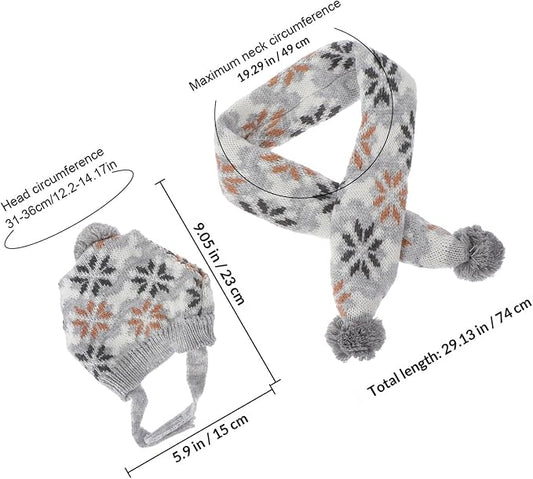 Happyyami Pet Dog Hat and Scarf Set Christmas Knitted Warm Snowflake Pattern Gray Scarf and Cap L Size for Holiday Pet Costume Supplies