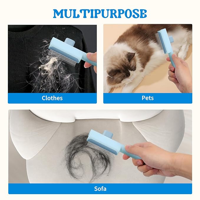 Pet Hair Removal Comb Flea Comb, 2025 New Cat Grooming Brush with Release Button, for Massaging and Cleaning Shedding Pets Hairs, De-Shedding Cat Brush for Short and Long Hair Cats (Blue+Green)