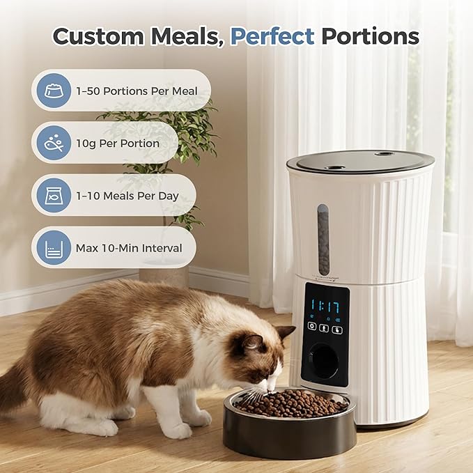 DUMOS Automatic Cat Feeder, 4L Timed Cat Food Dispenser with APP Control, 10s Voice Recorder, Dual Power Supply, 2.4G WiFi Indoor Programmable Pet Feeder with Desiccant for Small Cats and Dogs, White