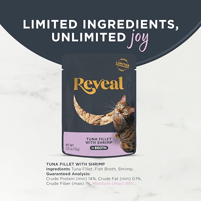 Reveal Natural Wet Cat Food, Limited and Natural Ingredients, Grain Free, High Protein with No Artificial Additives, Tuna Fillet with Shrimp in Broth (12 x 2.47 oz Pouches)
