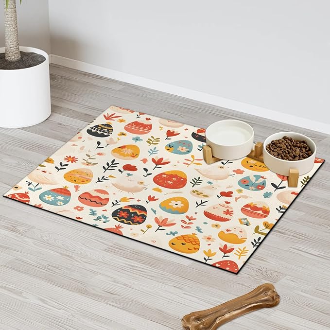 Spring Easter Dog Food Mat for Floors Absorbent Dog Bowl Mat for Food and Water Dispenser Quick Dry Cat Food Placemat Pet Supplies 17" x 30", Wildflower Egg