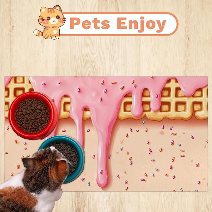 Pink Ice Cream Dog Food Mat for Floors Absorbent Dog Bowl Mat for Food and Water Dispenser Quick Dry Cat Food Placemat Pet Supplies 17" x 30", Waffle