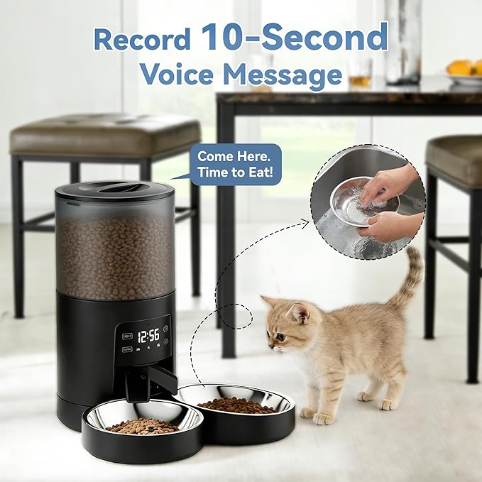 DUMOS Automatic Cat Feeder for 2 Cats, 6L Timed Cat Food Dispenser with 2 Stainless Bowls, 10s Voice Recorder, Dual Power Supply, 6 Meals 50 Portions Per Day, Dual Pet Feeder for Cat and Dog, Black