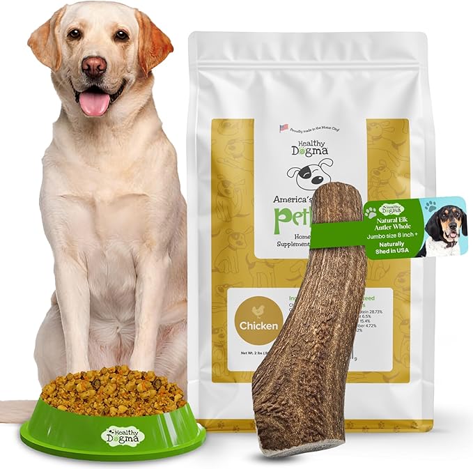 Healthy Dogma Allergy-Sensitive Dog Food & Elk Antler Chew Combo: Dehydrated Chicken Dinner (2 lbs) + Natural, Long-Lasting Elk Antler for Tough Chewers (8+ Inches)