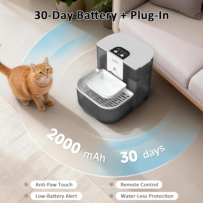 [New Upgrade] Famifit 4.5L+2L Automatic Cat Water Fountain (Non-Heated), 2000mAh Battery, Timed 3/6/9H & 80/100/120ml Control, Clean Water System, No Filter, Ceramic Bowl, Ultra Quiet