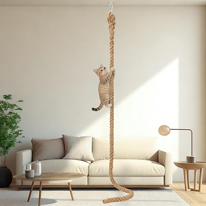 2" x 9.8Ft Cat Climbing Rope with Hook, Natural Sisal Ropes for Ceiling and Wall Mounted, Durable Space Saving Cat Climbing Jute Rope Toy with Scratching Kitten Rope for Indoor and Outdoor