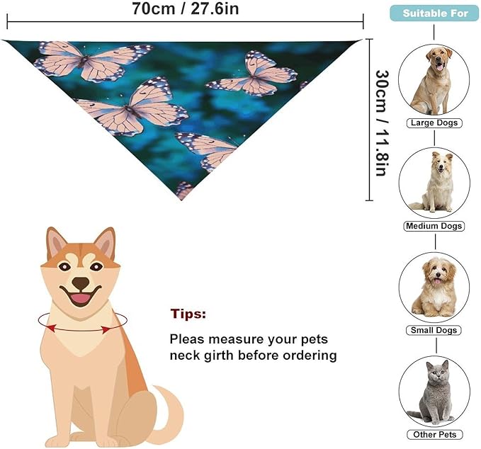 Dog Bandana Spring Pet Scarf Adjustable Triangle Cute Butterflies Printing Dog Bib Washable Polyester Puppy Bandana for Small Medium Large Dogs Cat Birthday Party Supplies